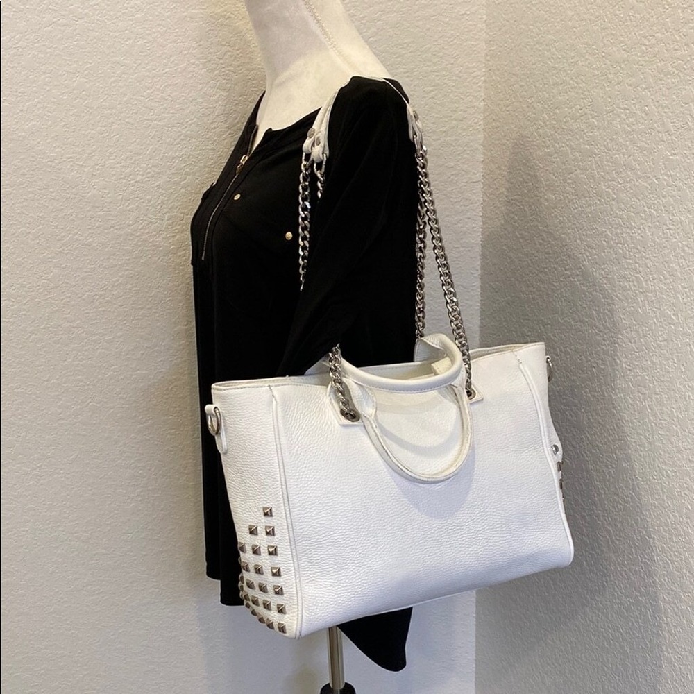 Viola Castellani Tote Womens White Studded Leather Chain Strap Edgy Large